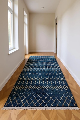 Orion İndigo Mavi Geometrik Desenli Püsküllü Modern Halı Mavi