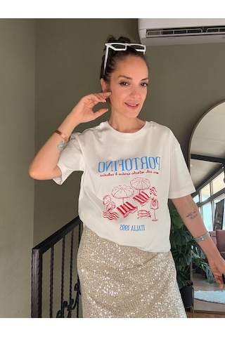 Ali Butik Ekru Portofino Baskılı Tişört