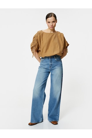 Koton Crop Bluz Drapeli Yarasa Kollu Kahverengi 4sak60345uw 4SAK60345UW517 Kahve