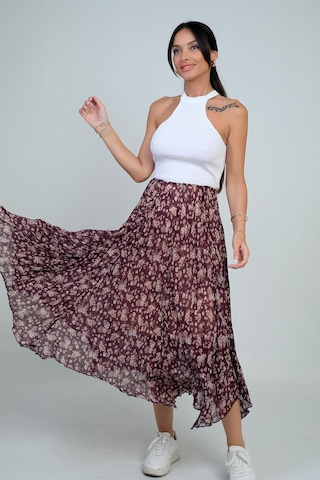 Kadın Beli Lastikli Astarlı Mini Çiçekli Midi Kraşlı Üçgen Etek-41697 Mürdüm