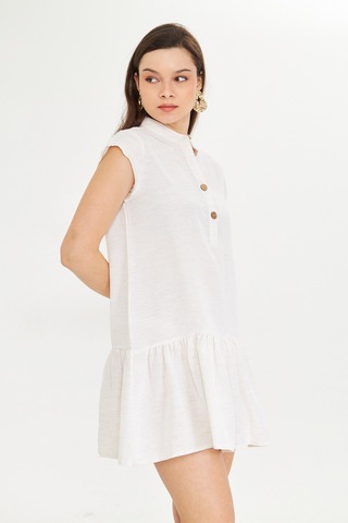 Ekru Keten Mini Elbise Beyaz