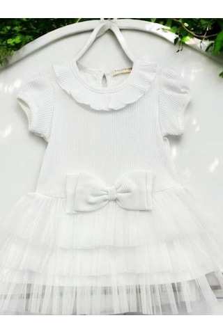Zekids Kız Çocuk Fitilli Tütülü Elbise-14525 Beyaz