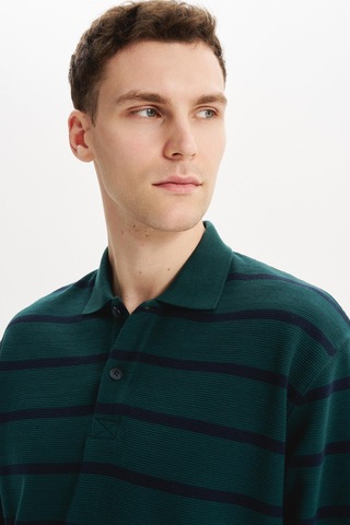 AR-MA Arma Erkek Büyük Beden Çizgili %100 Pamuk Ringel Ottoman Kumaş Polo Yaka Ribanalı Sweatshirt K30554801602 Yeşil