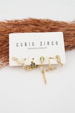 Kadın Kararmaz Altın Kaplama Yılan Detaylı 6'Lı Zirkon Set Küpe Altın-M