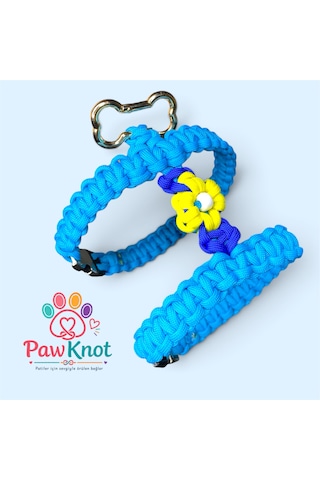Sky Bloom Set Köpek/kedi Geöğüs Tasması Ve Gezdirme Kayışı Paracord El Yapımı Mavi - Lacivert - Sarı