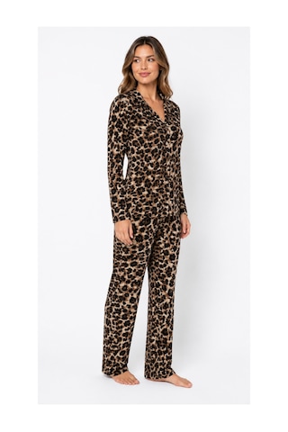Sleeproom Kadın Mevsimlik Süet Uzun Kol Açık Leopar Desen Pijama Takımı Kahverengi - Beyaz