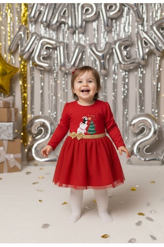 Kız Bebek Beli Fiyonk Detaylı Anvelop Yılbaşı Elbise Nbk-24923 Kırmızı