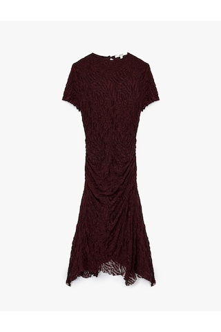 Koton Asimetrik Etek Ucu Detaylı Slim Fit Midi Boy Drapeli Kısa Kollu Dantel Elbise Bordo 6wak80116ek Bordo