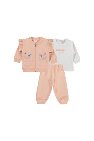 Civil Baby Çiçek Nakışlı Hırkalı 6-18 Ay Takım - Pudra