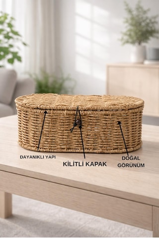 Rattan Kapaklı Oval Organizer Sepet Doğal Hasır Dekoratif Çok Amaçlı Saklama Kutusu Kahverengi