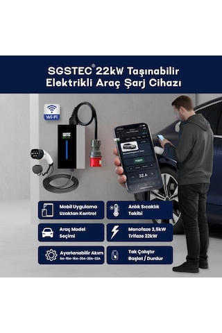SGSTEC Home 22 kW 5Metre Kablolu Taşınabilir Elektrikli Araç Şarj Cihazı