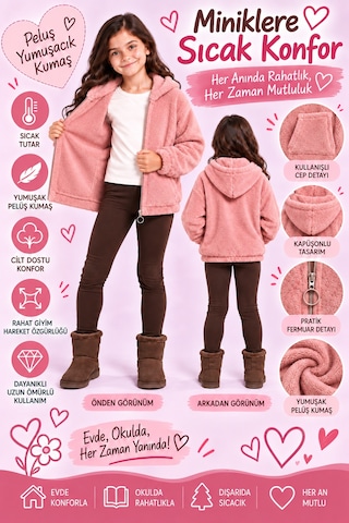 Ahengim Kız Çocuk Kapüşonlu Peluş Mont Fermuarlı,cepli,yumuşak Sıcak Tutan Kışlık Ceket Ak4124 Pembe