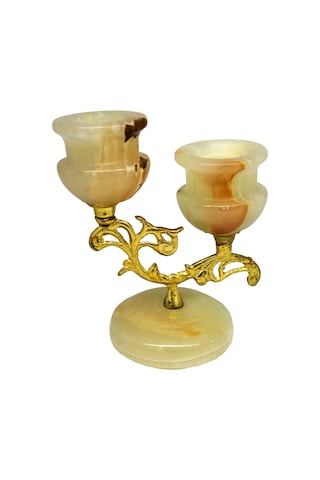 Oniks Doğal Taştan 2 Li Şamdan - Dekoratif Prinçli Doğal Taş Şamd