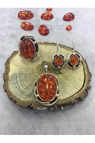 Kehribar Taşlı El Işi Gümüş Set 925 Ayar (380205674)