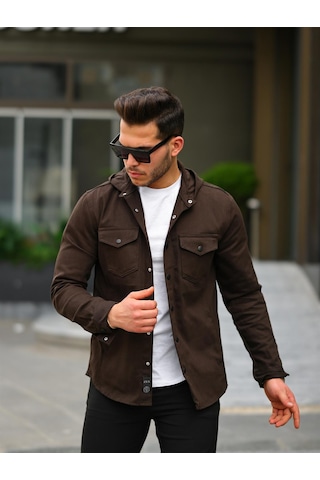 Koyu Kahve Renk Kapüşonlu Kot Ceket Koyu Kahverengi