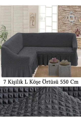 Upmall Bürümcük 7 Kişilik Köşe Koltuk, Kanepe Örtüsü, Koltuk Kılıfı, Lastikli, Etekli, L Köşe 550 Cm Antrasit Antrasit