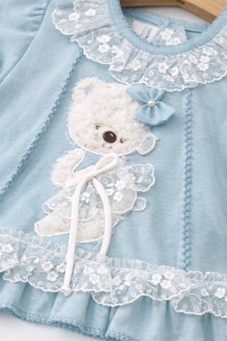 Kardeşler Bebe Dantelli Ayıcıklı Kız Bebek Elbise Takım Saç Bantlı 3 Lü Set Turkuaz
