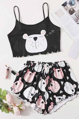 Merry See Uyuyan Ayıcık Basklı Ultrasoft Askılı Sortlu Pijama Takımı 001