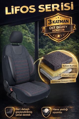 Lifos Serisi Koton Kumaş Universal Oto Koltuk Kılıfı Tam Set Siyah-Kırmızı
