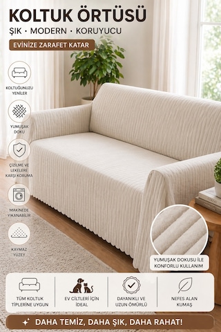 Premium Çizgili Kırık Beyaz Koltuk Örtüsü Kaymaz, Şık Ve Modern Tasarım