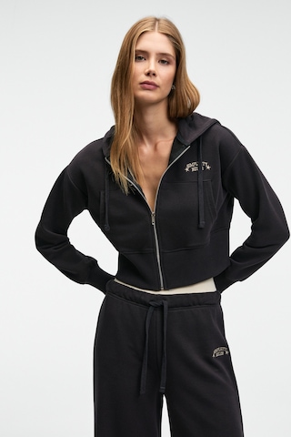 Grımelange Elara Kadın Metal Fermuarlı Nakışlı Kapüşonlu Crop Antrasit Sweatshirt Antrasit