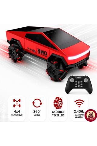 Oyuncak Uzaktan Kumandalı Şarjlı Akrobat Cybertruck Araba 4x4 Drift Araç Bilekten Kumandalı Led Işıklı 2.4 Ghz 6 Farklı Led Işık Modu 18 Cm