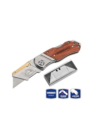 Workpro Wp211014 Ağır Hizmet Paslanmaz Çelik/ahşap Gövde Katlanır Rötuş Maket Bıçağı + 10 Adet Yedek Bıçak