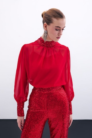 Sateen Payet Detaylı Bluz - Kırmızı-135855 Kırmızı