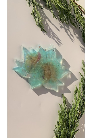 Su Mavisi Glitterli Begonvilli Lotus Çiçek Epoksi Bardak Altlığı Su Mavisi