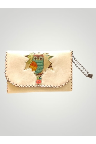 Vegan Deri Portföy/clutch Tasarım Çanta - Koyu Krem Renk - Boyutl Krem