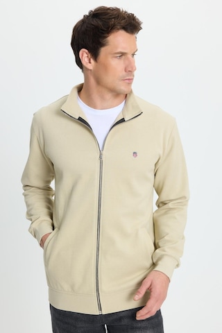 Tudors Erkek Slim Fit Dar Kesim Pamuklu Tam Fermuarlı Çift Cepli Dik Yaka Krem Sweatshirt Hırka-41890 Krem