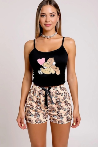 Renkli Ayıcık Desenli Askılı Şortlu Kadın Pijama Takımı Renkli