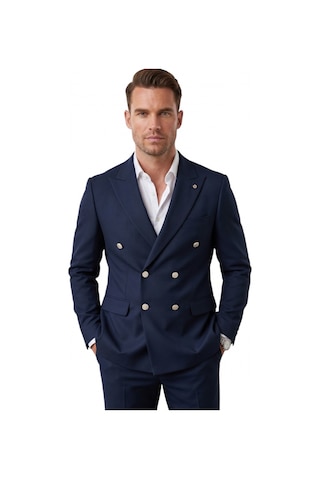 Deep Sea Deepsea Erkek Lacivert Slim Fit Kruvaze Takım Elbise Likralı Çizgili Dokulu Metal Düğmeli 2600820