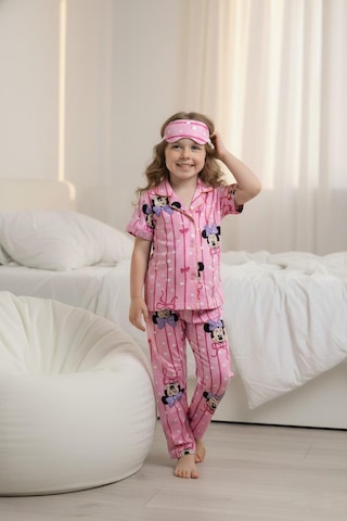 Lillypicca Pembe Soft Çizgili Kalp Desenli Bambu Önden Düğmeli Göz Bantlı Kısa Kol Pijama Takımı 1998