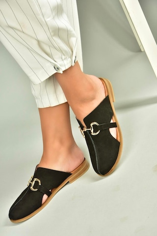 Fox Shoes U944150403 Siyah Hakiki Deri Önü Kapalı Kadın Terlik Siyah-hakiki Deri