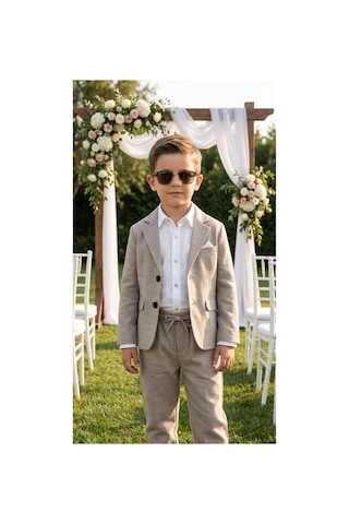 Baby Kids Colors Erkek Çocuk Flamlı Keten Salaş Ceketli Takım Elbise / Gömlek Pantolon Ceket Papyon Keten Takım Taş Rengi