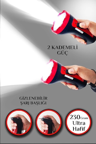 Şarjlı 10w Projektör Led El Fener 2 Mod Aydınlatmalı Uzun Menzil Güvenlik Bekçi Polis Feneri Işıldak Çok Renkli