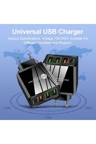 Sandwich 36w Mini Siyah Euro Şarj Cihazı, 3 Usb Qc 3.0 + Pd Hızlı Şarj, Seyahat Usb Adaptörü, 100-240v, Ev Ve Seyahat İçin