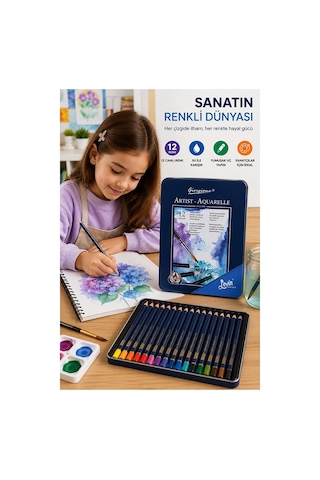 Aquarel Suluboya Kalemi 12 Renk 1 Paket Giorgione Teneke Kutu Sulu Boya Kalemi 12 Li Fırça Hediyeli Sanatsal Kaliteli Çok Renkli