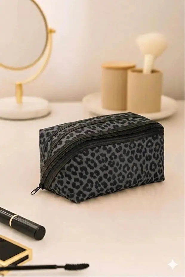 Lüx Premium Büyük Boy Makyaj Çantası I Premium Leopar Saç Şekillendirici Çantası 2 Li Kombin Set