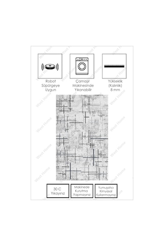 West Home Dijital Baskı Yıkanabilir Kaymaz Taban Salon Halısı Mutfak Halısı Yolluk Wh 488 Grey