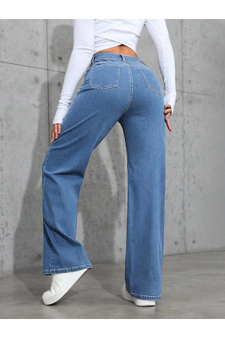 Orta Mavi Palazzo Pantolon Wide Leg Yüksek Bel Denim Jeans Orta Mavi