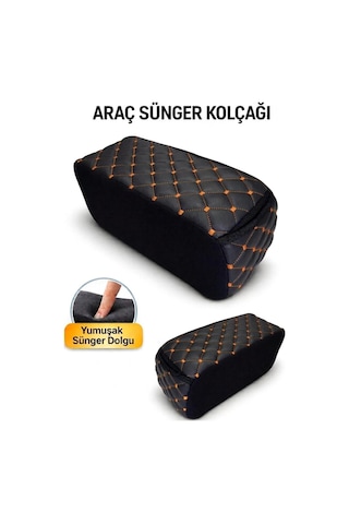 Lüks Oto Kolçak Kol Dayama Koltuk Arası Organizer Cepli Vidasız Montaj Siyah Deri Turuncu Dikiş