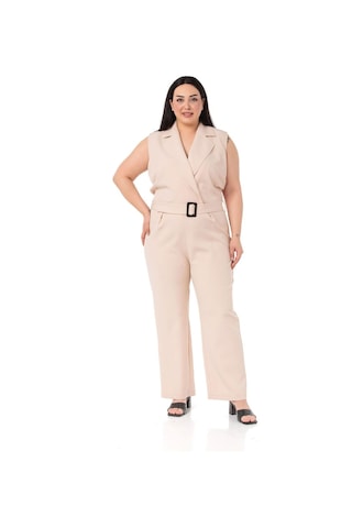 Büyük Beden Kruvaze Beli Lastikli Fermuar Kapamalı Kemerli Bej Rengi Tulum-bej Bej