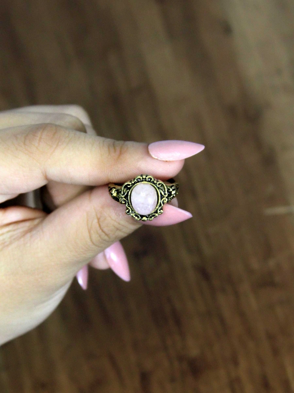 Doğal Taş Pembe Kuvars Taşlı Antik Model Kadın Ayarlanabillir Yüzük Euy80pk Pembe