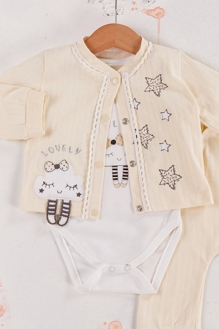 Babydonat Lovely Yıldız Desenli 3'lü Hırkalı Kız Bebek Takım Krem
