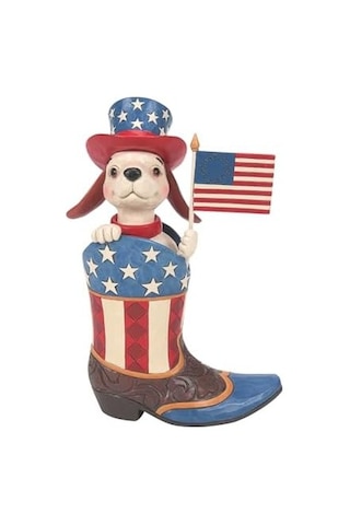 Enesco Jim Shore Heartwood Creek Patriotic Dog Holding Flag İn A Cowby Boot Figurine, 22 Cm, Çok Renkli