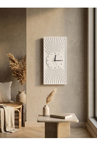 Kaveld Solaria Minimalist Duvar Saati - Modern Bohem Güneş Işınları Motifli Saat, Özel El Yapımı Duvar Saati Beyaz