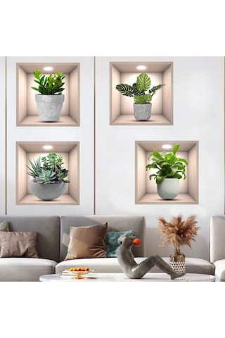 Skycity 3d Yeşil Bitki Duvar Sticker, 4 Adet, 30x30cm, Vinyl, Su Geçirmez, Kolay Uygulama, Pencere-kapı-cam, Salon Dekorasyonu Çok Renkli