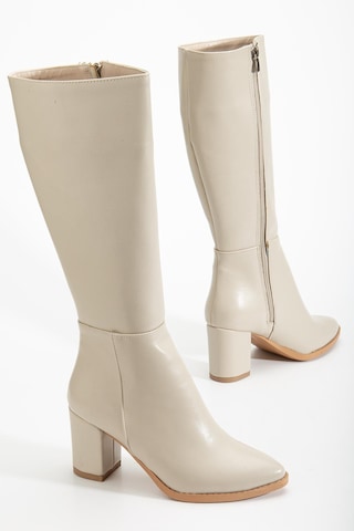 Kadın Topuklu Çizme Bej Suni Deri Sivri Burun-4209 Bej